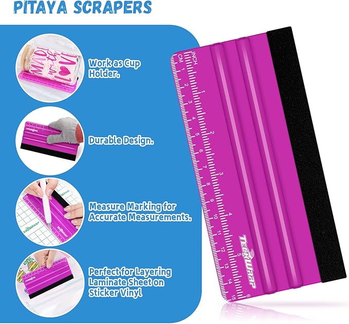 TECKWRAP Professional Squeegee for Vinyl, 20 PCS Plastic Felt Squeegee Tool Decals Inkjet Vinyl Sticker Paper, and Wallpaper Application Tools, 6 Inch Pitaya횞10 & 4 Inch Blue횞10