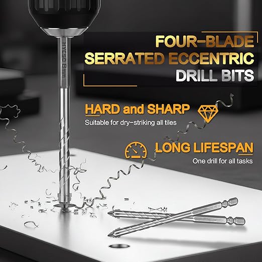 Four-Blade Serrated Eccentric Drill Bits Set - 7PCS Masonry Drill Bits for Wood, Concrete, Glass, Brick, Tile, Marble, and Ceramic
