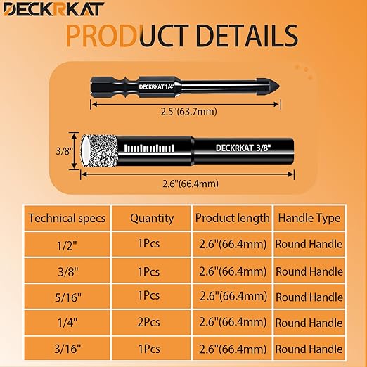 DECKRKAT 7-Piece Dry Diamond Drill Bits & Carbide Tile Drill Bit Set for Tile,Ceramic,Marble,Porcelain,Glass & Granite- 3/16", 1/4" (x2), 5/16", 3/8", 1/2" + 1/4" Masonry Bit