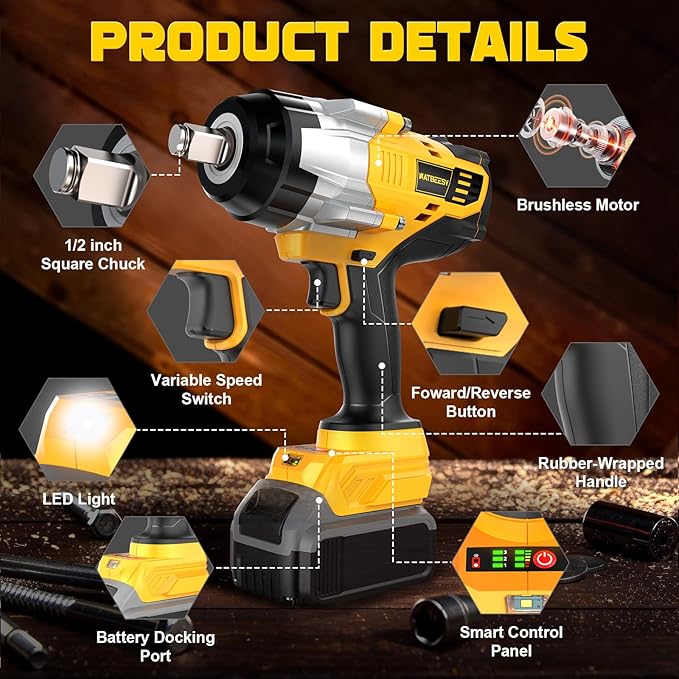 Impact Wrench Compatible with DeWalt 20V Battery: 1/2 Inch Hog Ring Impact Driver High Torque - 2300N.m/1700Ft-lbs Cordless Impact Gun - Brushless Motor with LED Light - Tool Only