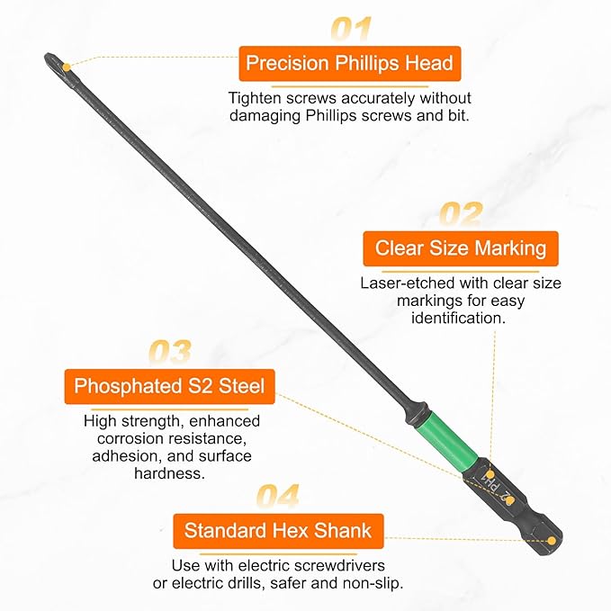 HARFINGTON 5pcs #1 Impact Phillips Screwdriver Bit PH1 1/4" Hex Shank 6" (150mm) Length 0.1" Rod Magnetic Cross Head Drill Bits S2 Steel Industrial Screw Drivers for Impact Power Tools