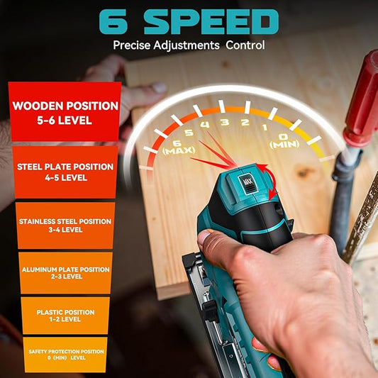 Ecarke Cordless Jig Saw Compatible With Makita 18V Battery (Only Tool), 4 Orbital Sets, 6 Variable Speeds Control, Dust-Blowing, ±45° Bevel Cuts, LED Light and 6PCS Blades For Cutting