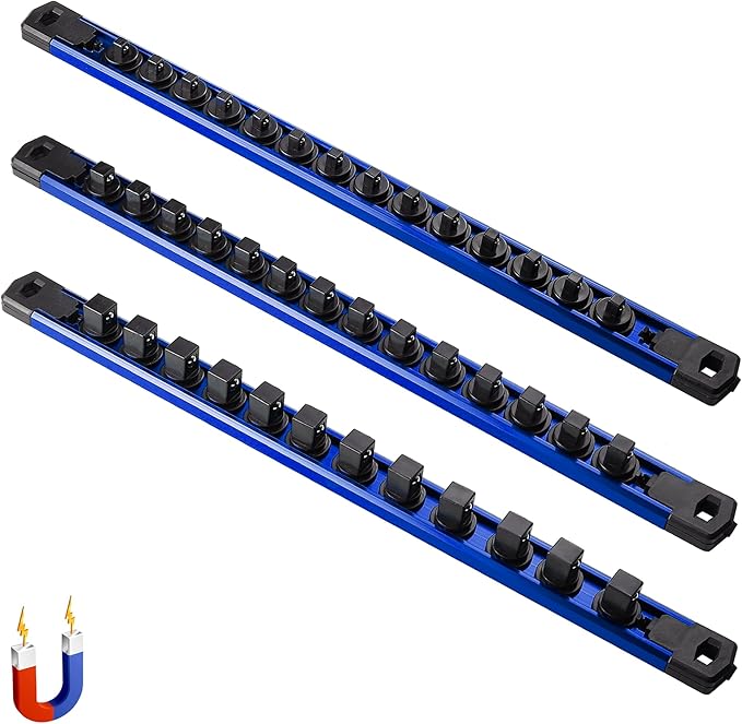 ALOANES 3-Piece Magnetic Socket Organizer, Heavy Duty Aluminum Socket Rails Organizer, 360째 Swivel Clips Socket Rail Set For Sockets Storage, 1/2, 3/8, 1/4-Inch Socket Holder x 40 Clips (Blue)