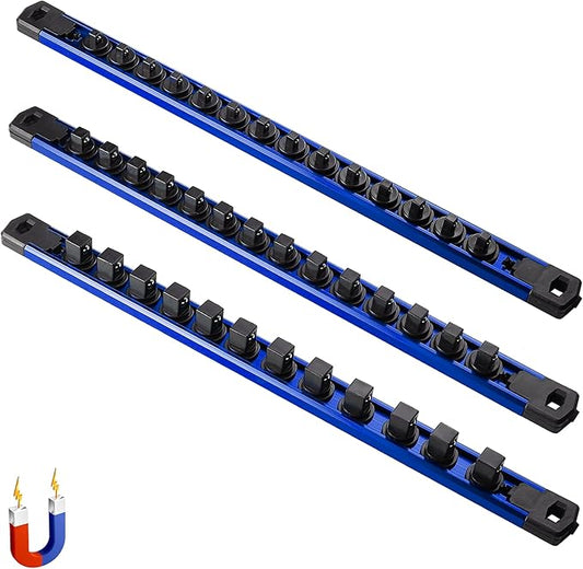 ALOANES 3-Piece Magnetic Socket Organizer, Heavy Duty Aluminum Socket Rails Organizer, 360째 Swivel Clips Socket Rail Set For Sockets Storage, 1/2, 3/8, 1/4-Inch Socket Holder x 40 Clips (Blue)
