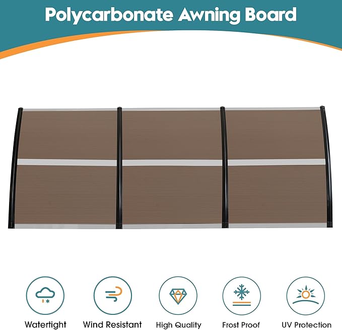 MCombo 115.9" x 37.8" Window Awning Outdoor Polycarbonate Door Shade Patio Cover Canopy, 6055-4012 (Brown Board with Black Bracket)