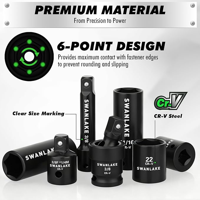105-Piece 3/8" Drive Impact Socket Set, SAE (5/16 to 3/4 inch) and Metric (8-22mm) 6 Point CR-V Steel Socket Wrench Set, Extension Bars, Universal Joint, Ratchet Handle, Screwdriver Bit Mechanic Tool