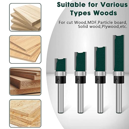 Feanron Flush Trim Router Bit Set 4 Pcs Straight Cut Router Bits 1/4 Inch Shank, Carbide Tipped Pattern Template Route Bit with Bottom Bearing, Woodworking Tools for Milling Trimming Home DIY (Green)