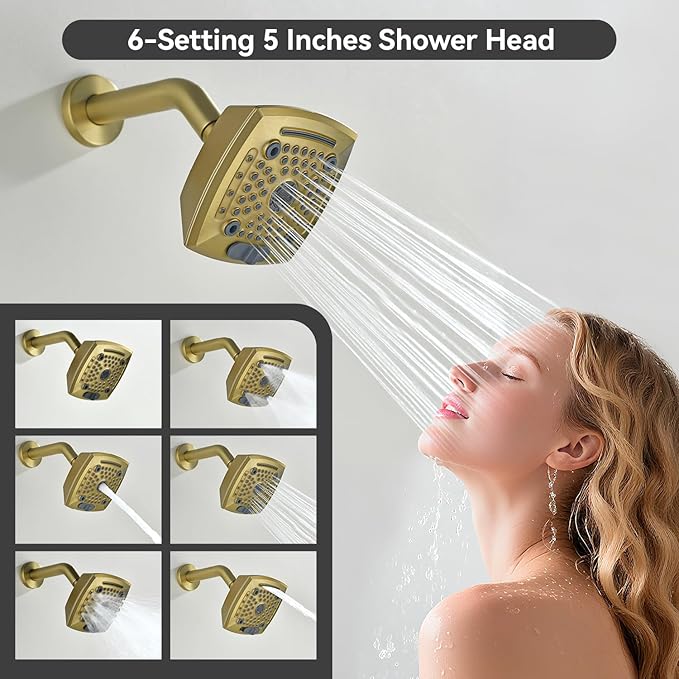2 Handle Shower Faucet Set 6-Spray Shower Head and Handle Set Shower Trim Kit with Rough-in Valve Bathroom Shower Faucet Valve Trim Kit Brushed Gold