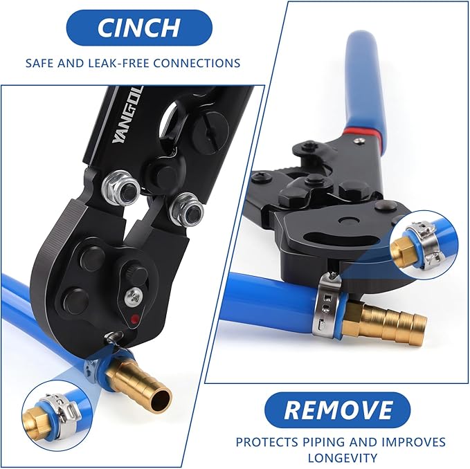 2 IN 1 Ratchet PEX Crimping Tool Cinch and Remove Dual Function Ergonomic Handle for PEX Pipe and Pinch Crimping Suitable for 3/8" to 1" Stainless Steel Clamps