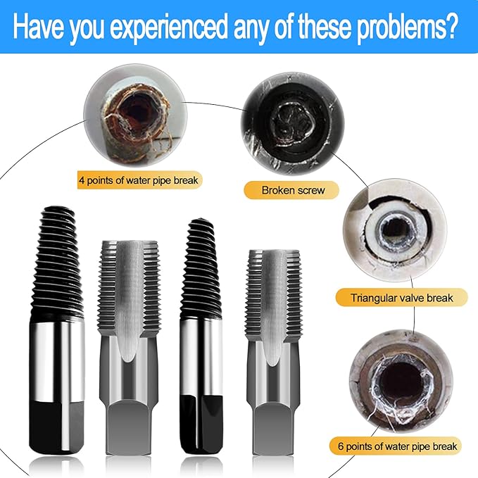 Hakkin 4 Pcs 1/2" - 3/4" Carbon Steel Water Pipe Extractor NPT Taps Set, Water Pipe Triangle Valve Repair Kit, Manual Broken Pipe Remover Thread Repair Tool with Storage Case Bonus a Pipe Seal Tape
