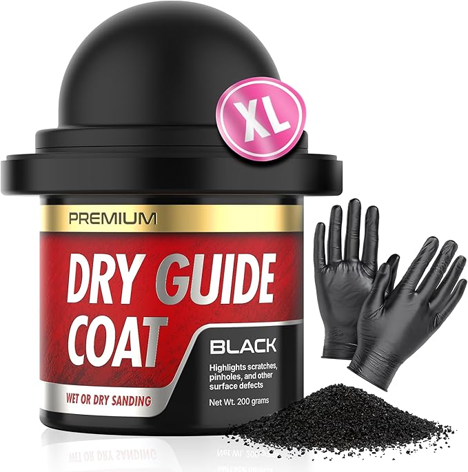 Dry Guide Coat Powder - Highlights Scratches, Pinholes, Low Spots & Other Defects, Extra Large Black Powder Coat for Wet & Dry Auto Body Sanding - Guide Coat Auto Body w/Nitrile Gloves 200g