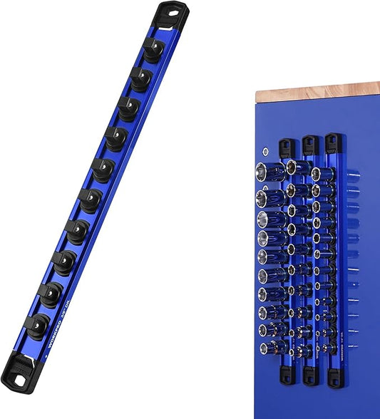 WORKPRO Magnetic Socket Organizer, 3/8" Drive Aluminum Alloy Socket Holder with 10PC Removable Socket Clips for Quick Customization, Socket Rail for Tool Box Drawer (Sockets Not Included)