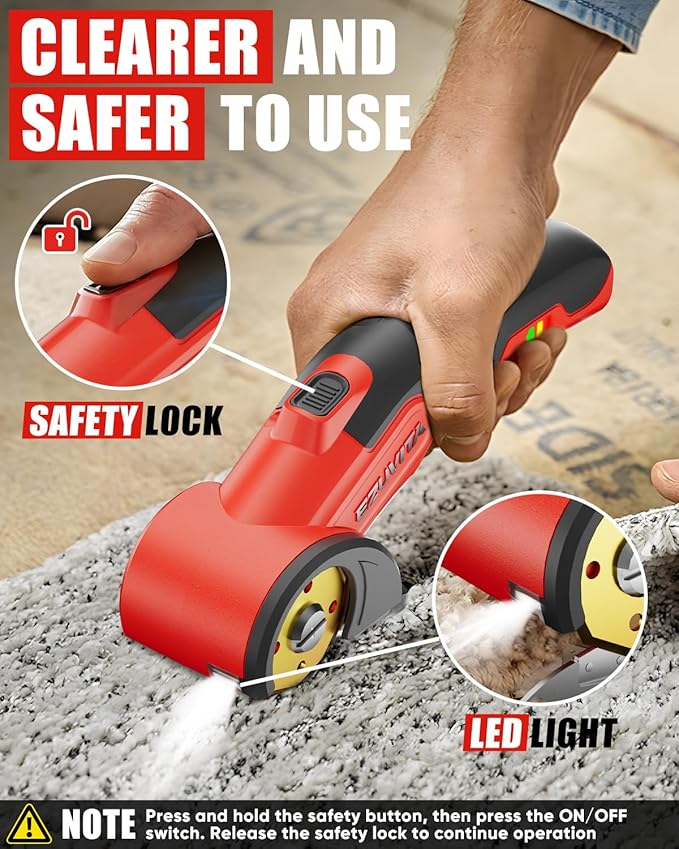 4V Cordless Electric Scissors with LED Light, Rechargeable Cardboard Box Cutter, Wrench, Storage Bag & Titanium-Coated Replacement Blade for Fabric, Leather, Carpet & Plastic(Red & Black)