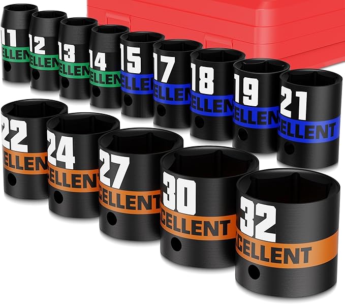 14 Pieces 1/2-Inch Drive Impact Socket Set, 11-32mm Shallow Socket, 6 Point Metric Sockets for Automotive Repair, Equipment Maintenance