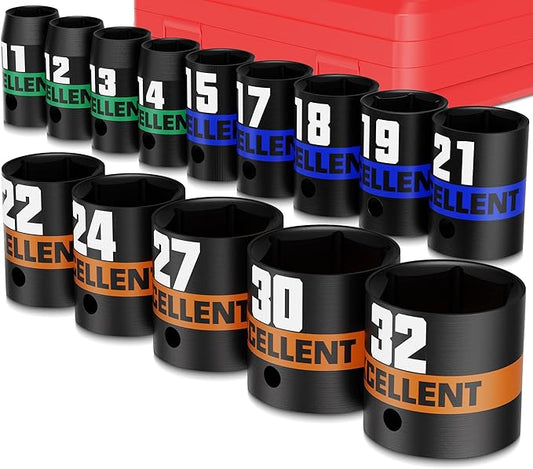14 Pieces 1/2-Inch Drive Impact Socket Set, 11-32mm Shallow Socket, 6 Point Metric Sockets for Automotive Repair, Equipment Maintenance