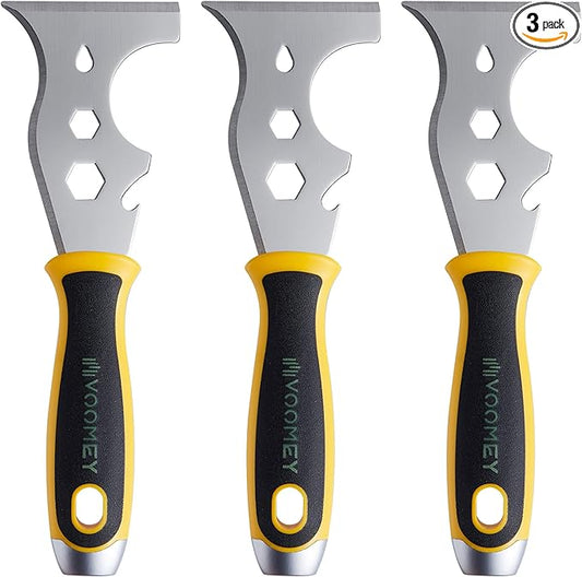 VOOMEY 12-in-1 putty knife, paint scraper tool, stainless steel paint scraper,3 Pack, three color rubber covered handle,metal scraper used for cleaning paint rollers, removing wall cracks,etc