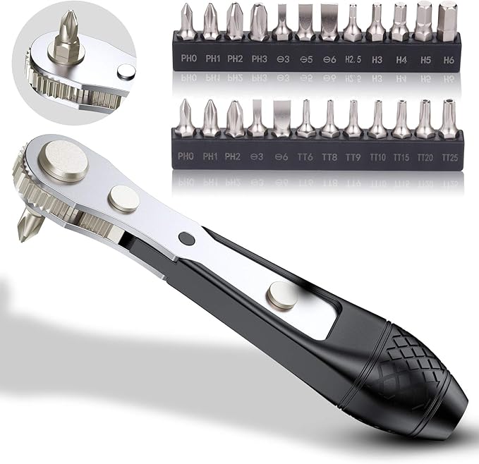 25in1 S2 Steel Mini Ratchet Wrench Screwdriver Bit Set with 1/4" Hex Shank Phillips/Slotted/Hexagon/Torx Bits, 36-Tooth Gear, Magnetic Bit Holder, 90 Degree Offset Reversible Drive Handle
