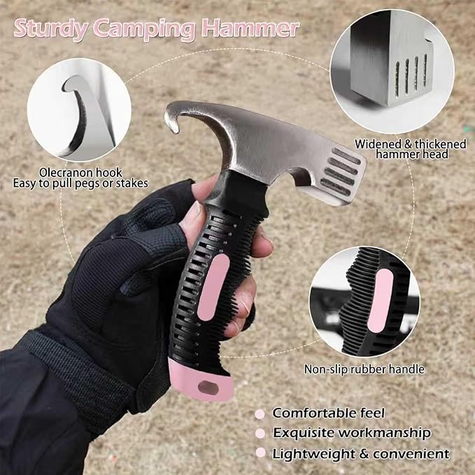 Pink Camping Hammer – Heavy-Duty Mallet for Tent Stakes Portable Compact Hammer with Nail Puller Lightweight Outdoor Mallet for Camping, Hiking & Backpacking