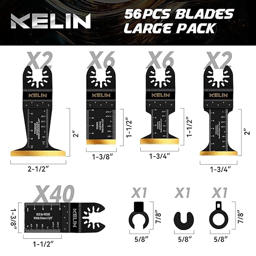 KELIN 56 PCS Oscillating Multi Tool Blades Kit, 4 Types Titanium Saw Blades for Wood, Metal, Drywall, Pipes ??Fits Dewalt, Bosch, Milwaukee & 98% Oscillating Tools