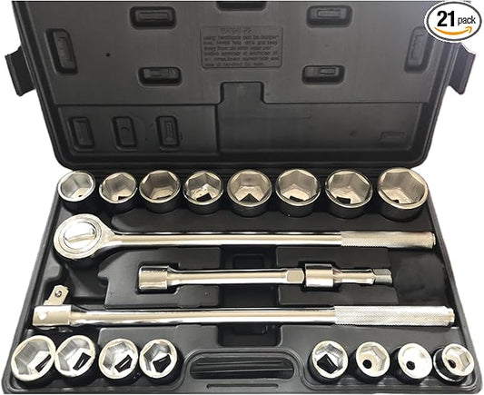 3/4 Inch Drive Socket Wrench Sets,21-Piece,Metric Size(19-50mm),6-Point,CR-V Steel Sockets with Adapters and Ratchet Handle,Flex-head breaker bar