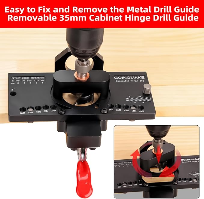 GOINGMAKE Metal Concealed Hinge Jig with Quick Clamp and Dust Vacuum Adapter Concealed Door Hinge Jig 35mm Cabinet Hinge Jig Hinge Hole Drilling Jig for Woodworking Door Cabinet Hinges Mounting Tool