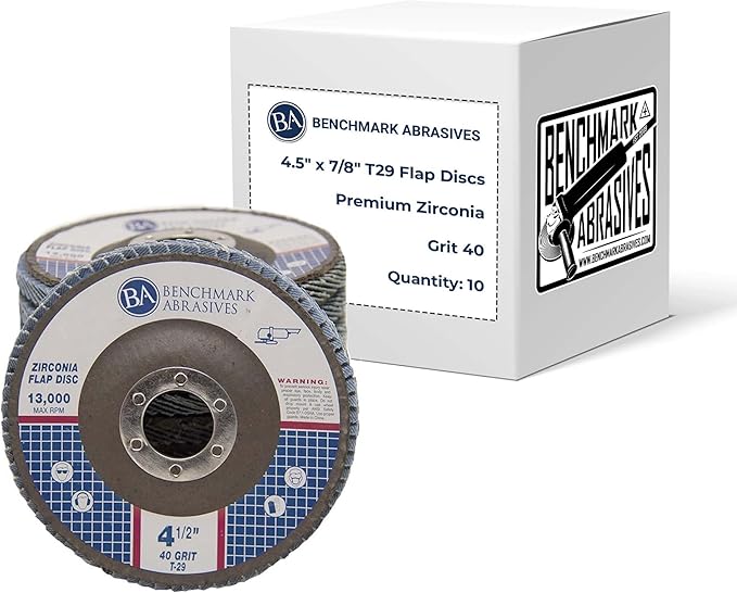 Benchmark Abrasives 4.5" x 7/8" Premium Zirconia T29 Angled Flap Discs 4 1/2 for Angle Grinder, Sanding Discs, Finishing, Rust, Stock Removal- Grinding Wheels 4 1/2 Inch (10 Pack) - 40 Grit