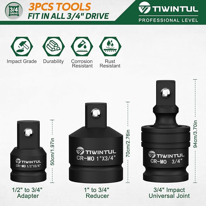 3/4 Inch Drive Universal Impact Joint, 1/2" to 3/4" Impact Adapter, 1" to 3/4" Impact Reducer, CR-MO, Impact Swivel Socket Set, 3-Piece, Meets ANSI Standards, for Mechanics & Industrial