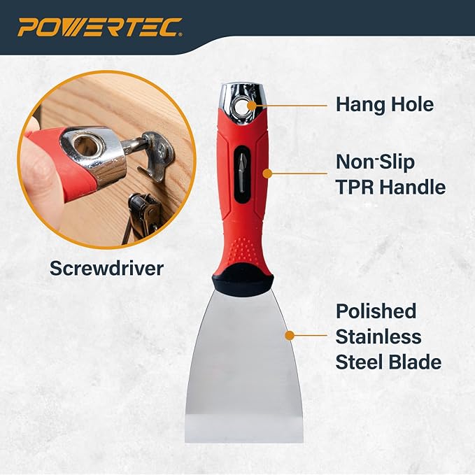 POWERTEC 3-Inch Stainless Steel Drywall Joint Knife - Flexible Blade, Soft Grip, for Patching, Taping, Scraping (72171)