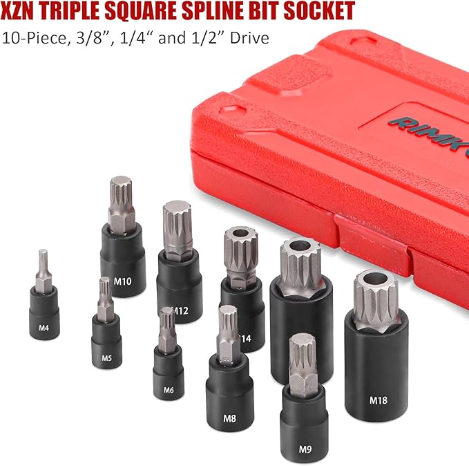 10-Piece XZN Triple Square Spline Bit Socket Set, 1/4?? 3/8??and 1/2??Drive M4 - M18 Triple Square Socket Set, S2 Steel Bits and CR-V Sockets With Storage Case