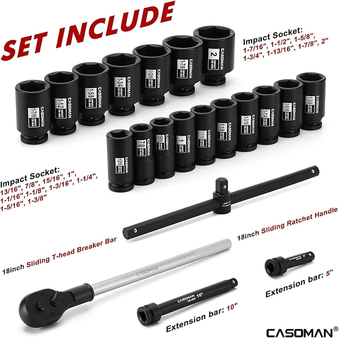 CASOMAN 3/4-Inch Drive Jumbo Master Impact Socket Set, 21PCS SAE Deep Socket Assortment (7/8" to 2"), Include Extension Bar and Ratchet Handle, CR-MO