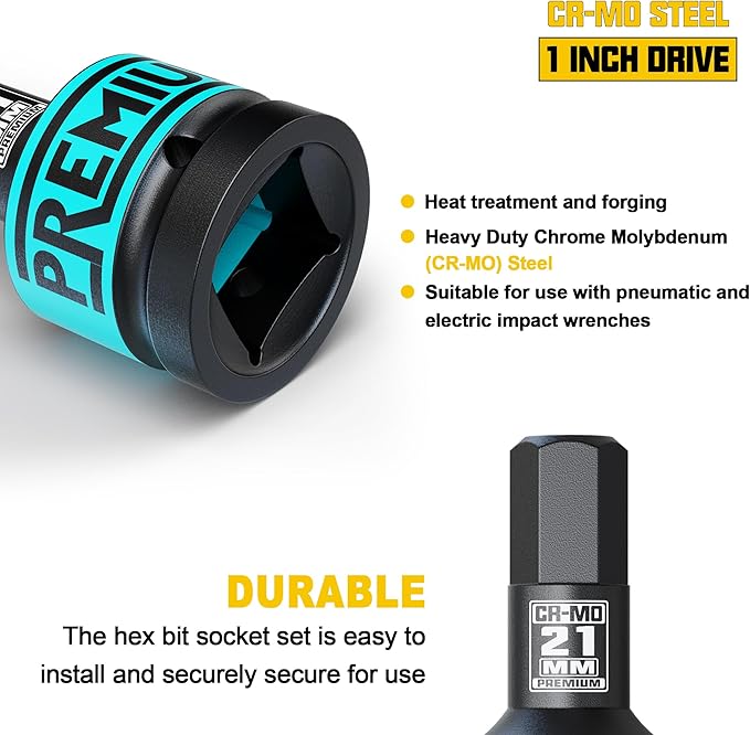 1" Drive H21 Impact Hex Bit Socket, 21 mm Allen Bit Socket, Metric, Cr-Mo Steel, Truck Repair and Equipment Maintenance