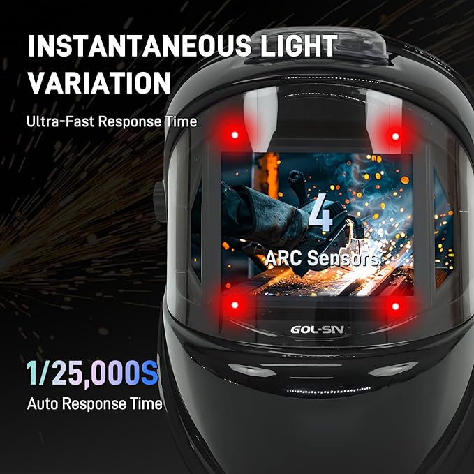 WHA100 Auto Darkening Welding Helmet-CE EN175 Certification-Solar&Battery Power-4 Sensors，0.04ms Response Time-Optical grade 1/1/1/2-True Color Wide View Screen-Shade 8~12 for SMAW, MIG, TIG, GTAW