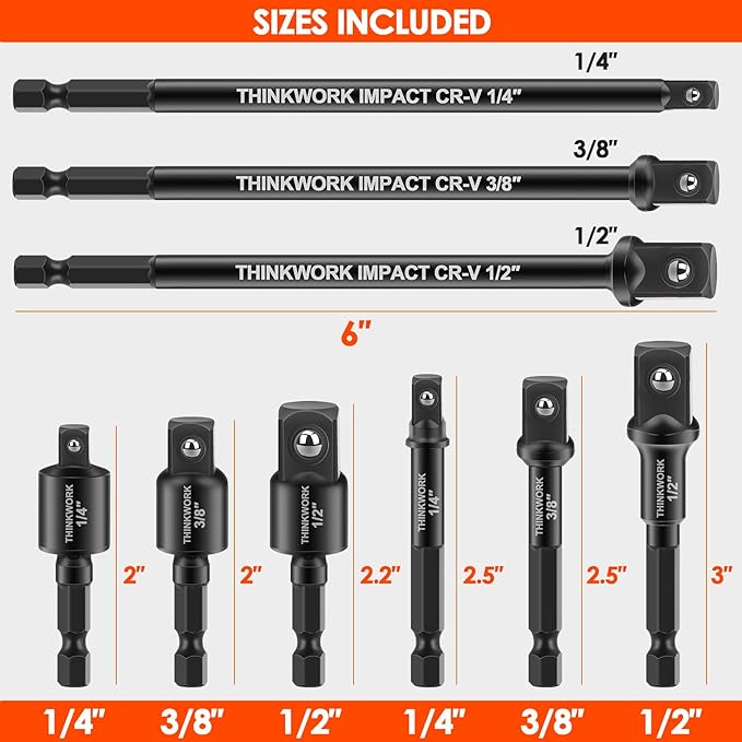 THINKWORK Impact Socket Adapter Set, 1/4" 3/8" 1/2" Drill Socket Adapter Set, 1/4" Hex Shank for Cordless Impact Driver Power Drill 9 Piece