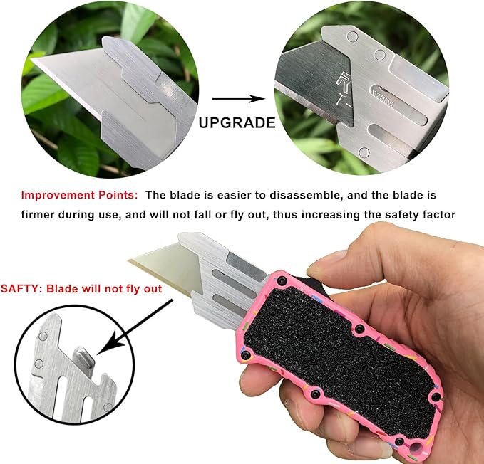 Automatic Utility Knife, Premium Pink Retractable Box Cutter, Cute Aluminum Alloy Heavy Duty Pocket Knife, Safety Replaceable Blade EDC Razor Knives with 5PCS Blades