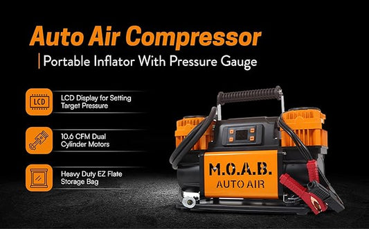 EZ FLATE M.O.A.B. Auto Air Compressor w/LCD Display, Set Target Pressure, dual air compressor, 10.6 CFM Offroad Air Compressor 4x4, 150 PSI, Inflator With Pressure Gauge