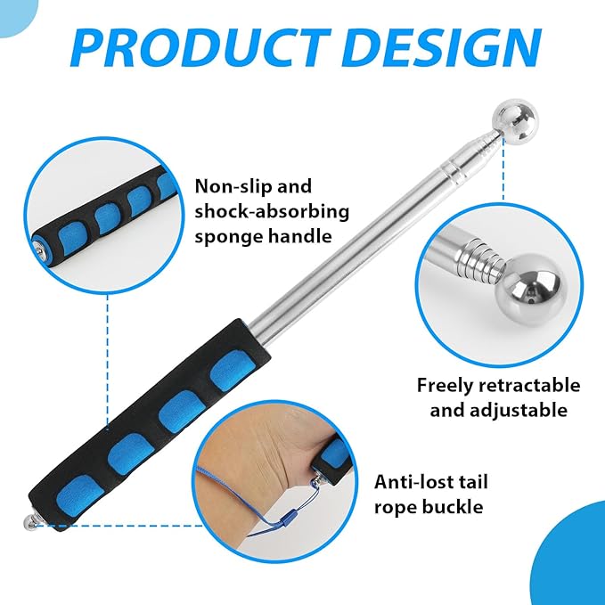 Telescoping Hollowing Detection Hammer, 120cm竊?7"竊덿etractable Drum Test Tool for Wall & Floor Inspection, Stainless Steel Head with Comfort Grip & Lanyard