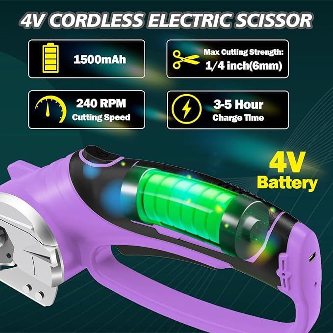 Cordless Electric Scissors, 4V Rechargeable Box Cutter & Cardboard Cutter with LED Light, Safety Lock - Rotary Cutter for Fabric, Leather, Carpet, Plastic, Crafting, Sewing with Storage Box(Purple)
