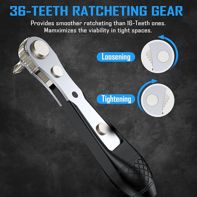 37in1 S2 Steel Mini Ratchet Wrench Screwdriver Bit Set with 1/4" Hex Shank Phillips/Pozidriv/Hexagon/Torx/Slotted/Square Bits, 36-Tooth Gear, Magnetic Bit Holder, 90 Degree Drive Handle