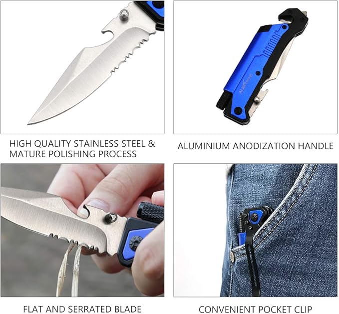 ALBATROSS Best 6-in-1 Survival Tactical Military Folding Pocket Knives with LED Light,Seatbelt Cutter,Glass Breaker,Magnesium Fire Starter,Bottle Opener;Multi-Function Emergency Tool(Blue-SA)