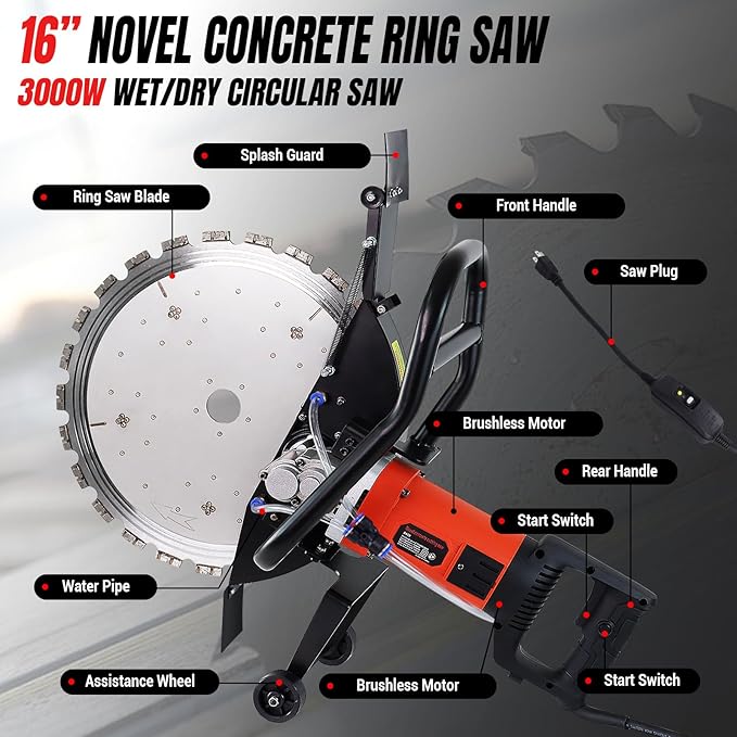 LOSCHEN 16 Inch Novel Concrete Ring Saw,3000W Wet/Dry Circular Saw with Water Pump,Electric Ring Cutter for Concrete, Bricks, Rebar and Marble,Cutting Depth: 11.8in