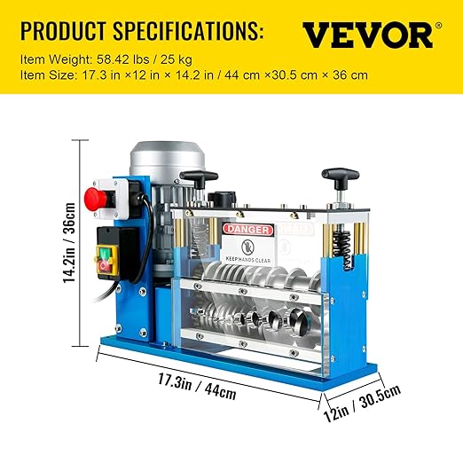 VEVOR Electric Wire Stripping Machine, 370W 0.06" - 1.5" Automatic Motorized Cable Stripper w/ 75 Feet/Minute Speed, 11 Channels 10 Blades Strip Machinery, Scrap Handling Tool for Recycling Copper