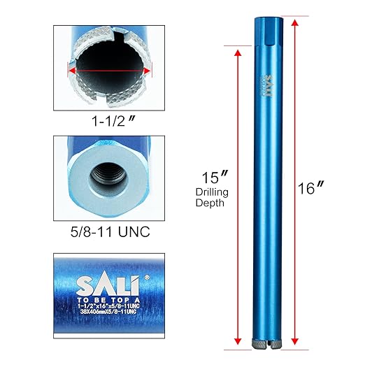 SALI Wet Diamond Core Drill Bits 1-1/2"/38mm Diameter, 15"/380mm Drilling Depth Concrete Core Drill Bit, 5/8-11" Thread Core Bit Turbo Laser-Welded Segments with Rebar, Brick, Block, Masonry, Stone