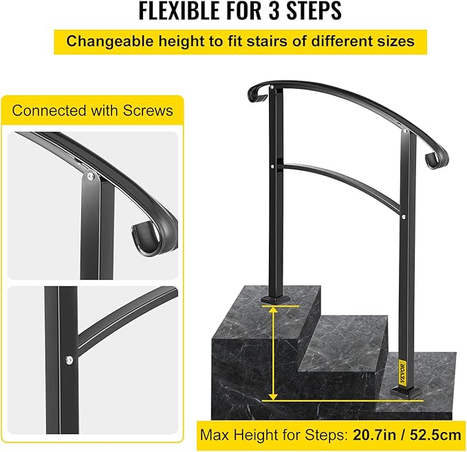 VEVOR Outdoor Steps Handrail, Black Arch#1, Adjustable Metal Staircase Railing, Thickened Porch & Deck Railing