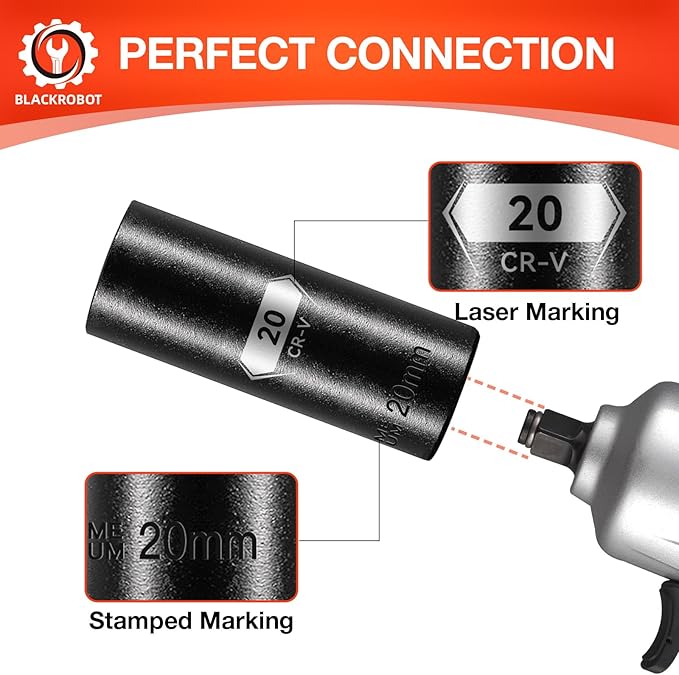 1/2 Inch Drive 6-Point Deep Socket, 20mm Deep Impact Socket, CR-V Steel