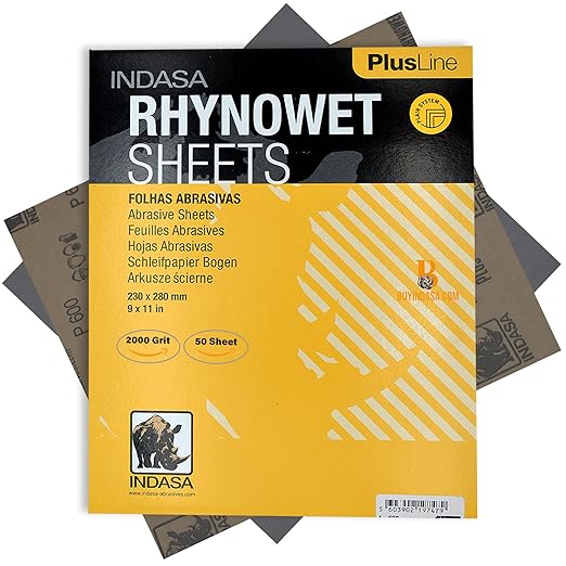 Indasa Rhynowet 50 PCS 9x11??Wet & Dry Full Sandpaper Sheets, 2000 GRIT, Clog-Resistant Abrasive for Wood, Metal, Auto, Paint & Clear Coat Finishing, Sand Paper Silicon Carbide