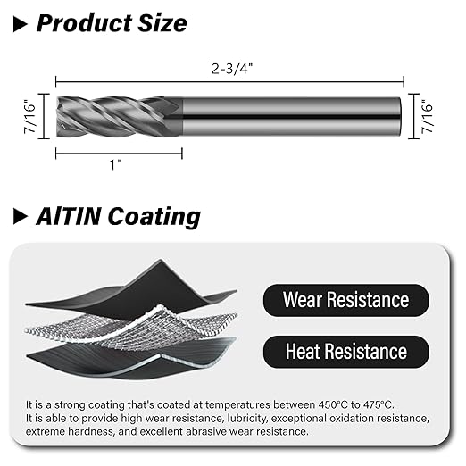 7/16" Carbide Square End Mill 4 Flute AlTIN Coated CNC Milling Bits for Alloy Steels, Hardened Steels, Cast Iron