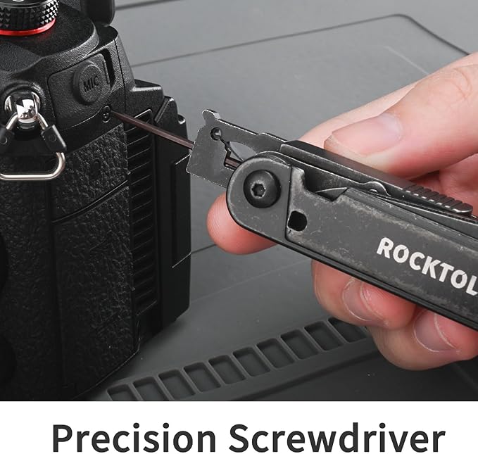 ROCKTOL Multitool Gen-R Lite, Retro Black EDC Pocket Knife VG10 Blade, Compact 15-in-1 Multi-tool with Screwdriver, Large Scissors, Glass Breaker, Leather Sheath, Lightweight for Hiking, Camping