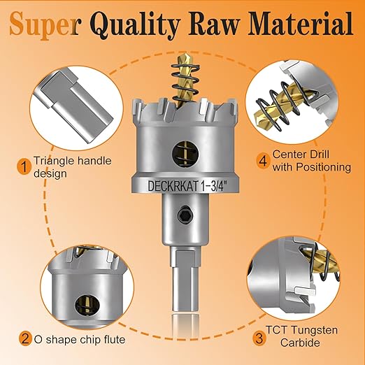 DECKRKAT 1-3/4" TCT Hole Saws for Hard Metal, Heavy Duty 45mm Tungsten Carbide Tipped Hole Cutters Set with Spring-Loaded Pilot Drill Bits for Stainless Steel, Metal, Iron, and Plastic.