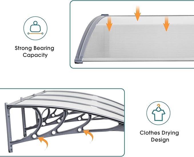 MCombo 116" x 38.6" Window Awning Outdoor Polycarbonate Door Shade Patio Cover Canopy, 6055-4012(Clear Board with Gray Bracket)