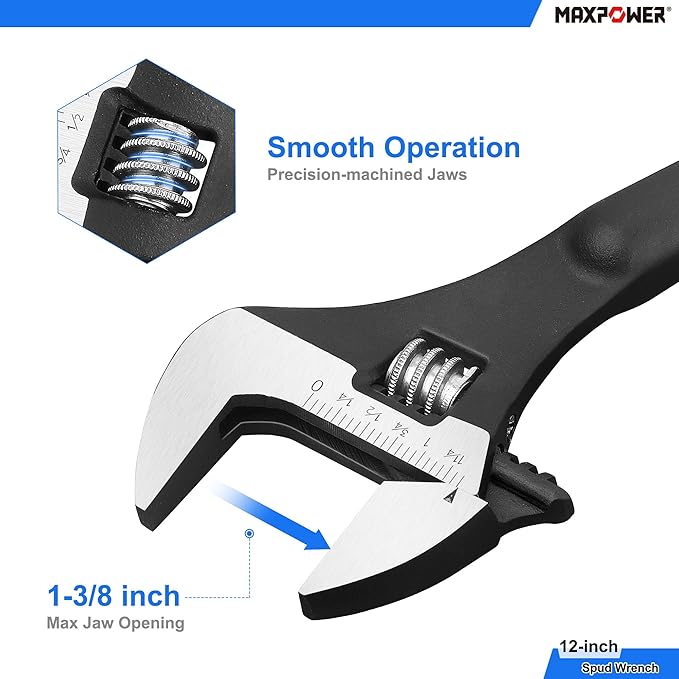 MAXPOWER 2 Pieces Spud Wrenches Set, 12 inch Adjustable Spud Wrench, 16 inch Spud Wrench with Reversible Jaw, Hammer Head